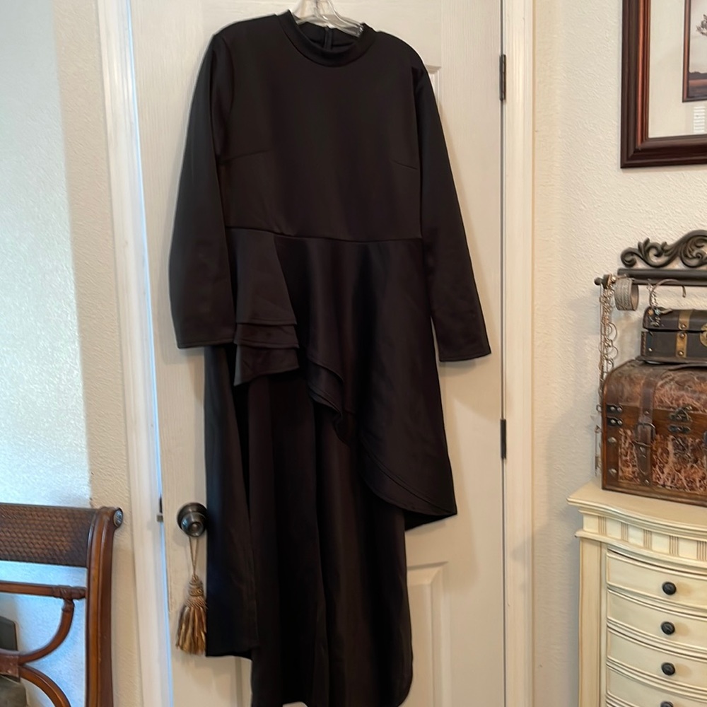 fitted front ruffle details @ waist high neck back tux tails reaching 3/4 length
